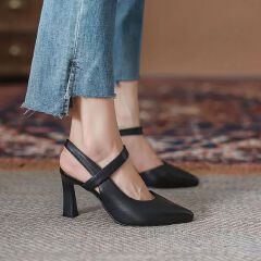 SXCHEN Women's Shoes Heels Soft Leather High Heels New Formal Shoes Work Shoes Pointed Toe All-Match Thick Heels One-Word Strap High Heels Ladies Shoes Girls Black School Fashion Comfort Mam Anti-slip