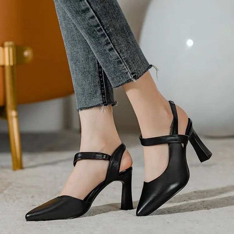 SXCHEN Women's Shoes Heels Soft Leather High Heels New Formal Shoes Work Shoes Pointed Toe All-Match Thick Heels One-Word Strap High Heels Ladies Shoes Girls Black School Fashion Comfort Mam Anti-slip