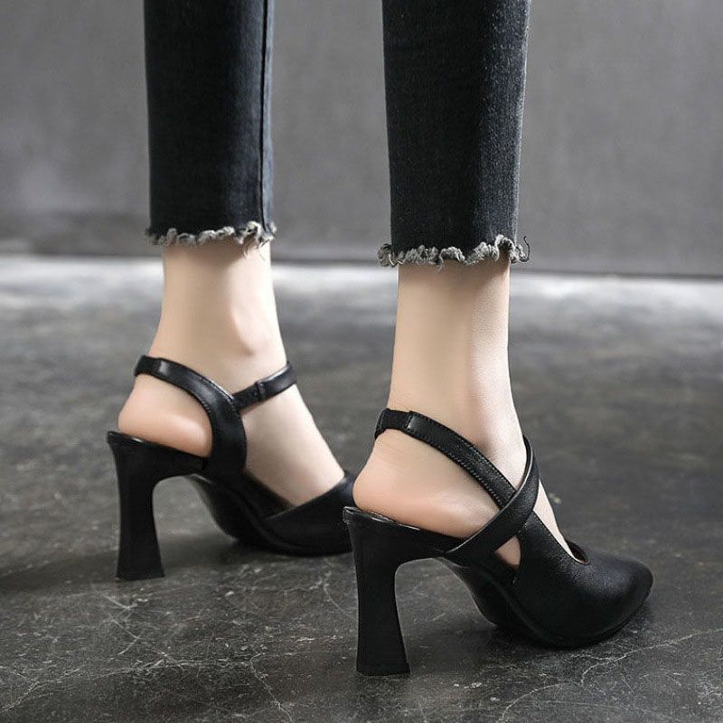 SXCHEN Women's Shoes Heels Soft Leather High Heels New Formal Shoes Work Shoes Pointed Toe All-Match Thick Heels One-Word Strap High Heels Ladies Shoes Girls Black School Fashion Comfort Mam Anti-slip