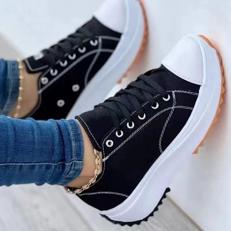 SXCHEN Women's Shoes Sneakers New Low-Top Single Shoes Thick-Soled Canvas Shoes Front Lace-Up Platform Sole Large Size Sneakers Ladies Shoes Girls School Outdoor Black Fashion Casual Round Toe Comfort