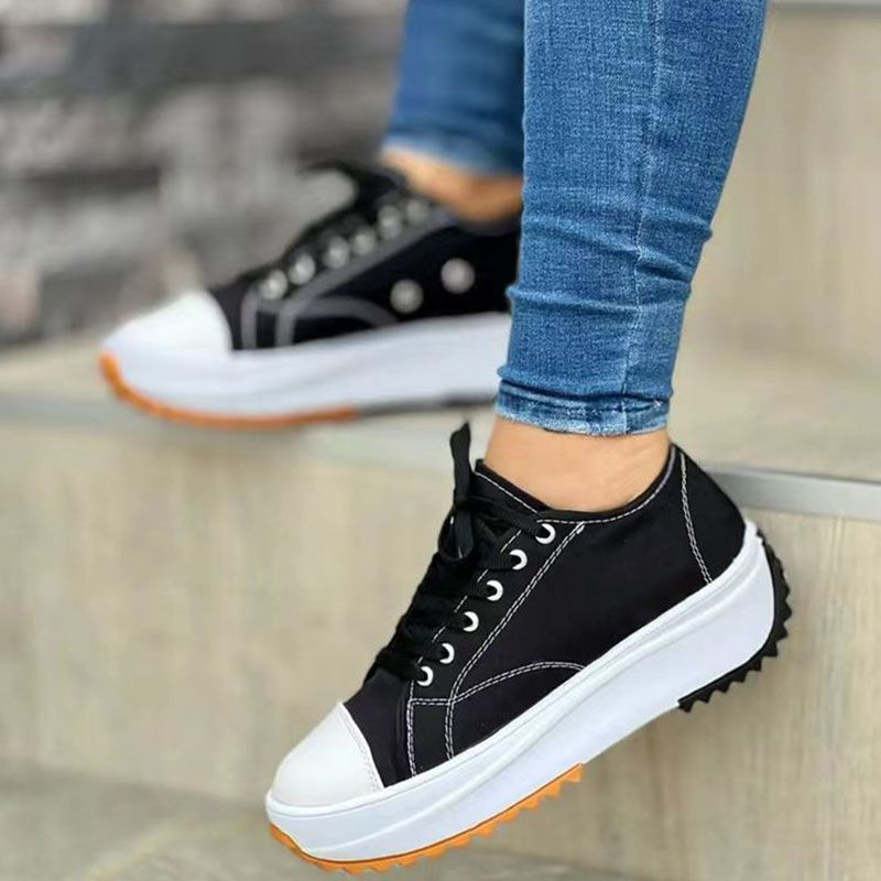 SXCHEN Women's Shoes Sneakers New Low-Top Single Shoes Thick-Soled Canvas Shoes Front Lace-Up Platform Sole Large Size Sneakers Ladies Shoes Girls School Outdoor Black Fashion Casual Round Toe Comfort