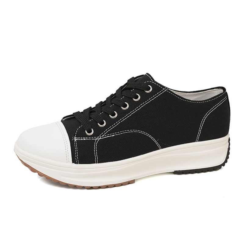 SXCHEN Women's Shoes Sneakers New Low-Top Single Shoes Thick-Soled Canvas Shoes Front Lace-Up Platform Sole Large Size Sneakers Ladies Shoes Girls School Outdoor Black Fashion Casual Round Toe Comfort
