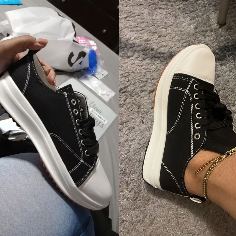 SXCHEN Women's Shoes Sneakers New Low-Top Single Shoes Thick-Soled Canvas Shoes Front Lace-Up Platform Sole Large Size Sneakers Ladies Shoes Girls School Outdoor Black Fashion Casual Round Toe Comfort