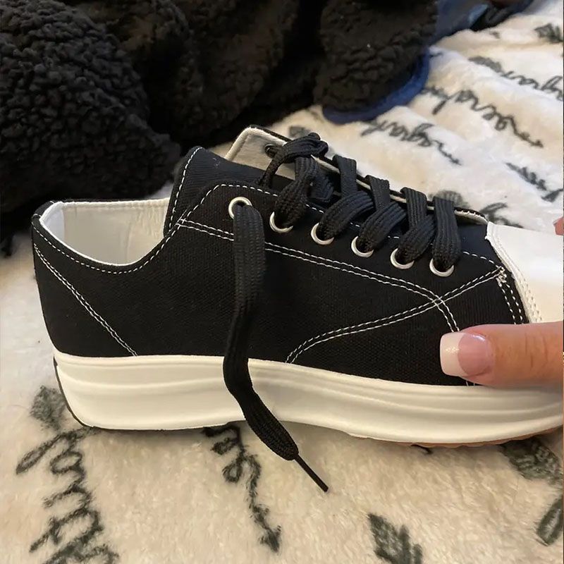 SXCHEN Women's Shoes Sneakers New Low-Top Single Shoes Thick-Soled Canvas Shoes Front Lace-Up Platform Sole Large Size Sneakers Ladies Shoes Girls School Outdoor Black Fashion Casual Round Toe Comfort