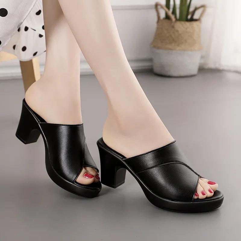 SXCHEN Ladies Shoes Fashion Fish Mouth Slippers Large Size Trendy Sandals Thick Heels Mother High Heels Casual Slippers Mules Clogs Girls Shoe Thick Comfortable Beautiful Simple Women Shoes