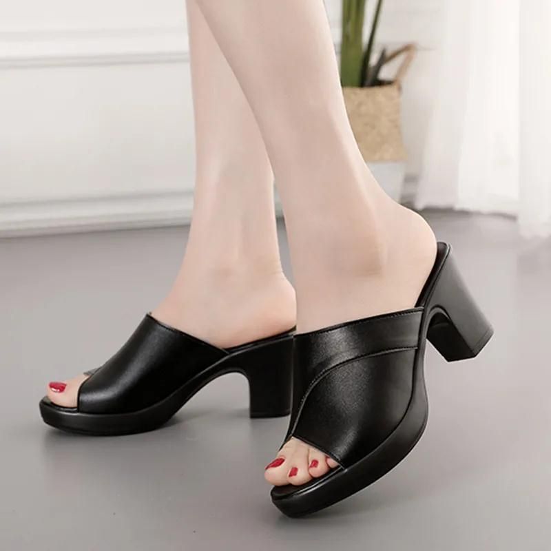 SXCHEN Ladies Shoes Fashion Fish Mouth Slippers Large Size Trendy Sandals Thick Heels Mother High Heels Casual Slippers Mules Clogs Girls Shoe Thick Comfortable Beautiful Simple Women Shoes