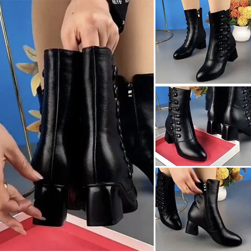 SXCHEN Women's Martin Boots Slip-Resistant Chunky Sole Classic Lace-Up Leather Ankle Boots for All-Season Wear Casual Fast Delivery Black