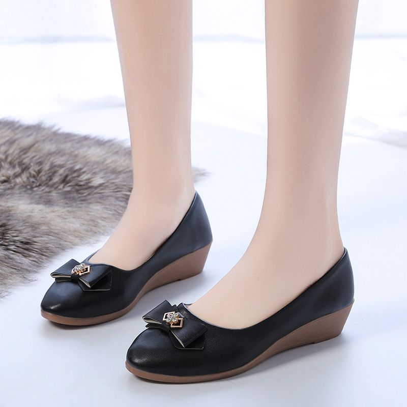 SXCHEN Women's Shoes Heels Fashionable Round Toe Wedge Fashion Casual Large Size Women Shallow Mouth Bow Single Shoes High Ladies Shoes Girls Black School Fashion Comfort Mam Anti-slip