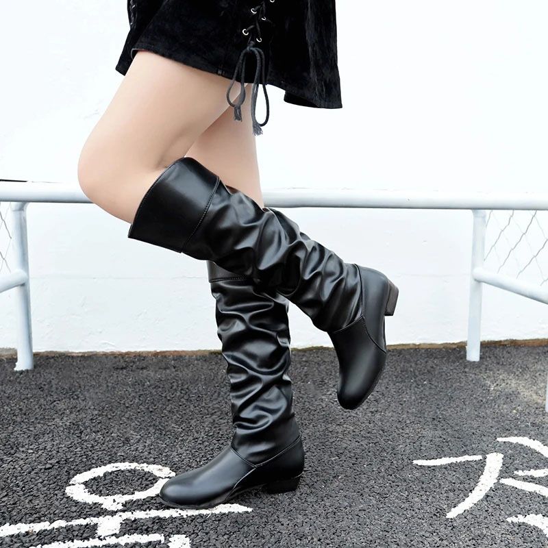 SXCHEN Women's Shoes Boots Knee-High Casual Low Heel High Boots Round Toe Thick Heel Knight Boots Plus Size Women Boots Non-slip Ladies Shoe Simple Girls Fashion Thick Soles Mom Shoes