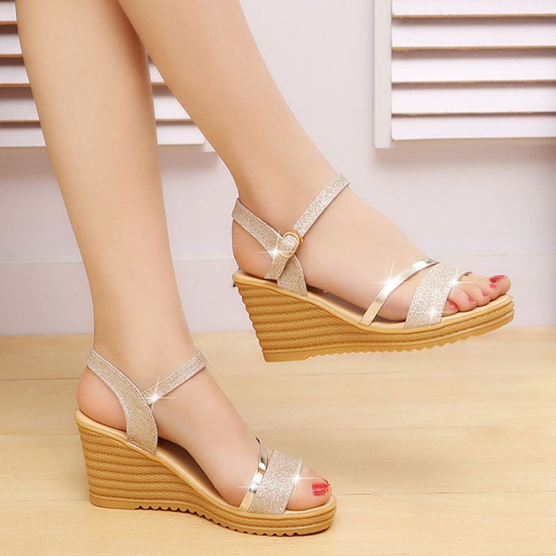 SXCHEN Women's Shoes Sandals Rhinestone Heels Sandals New Style Simple Daily Wedge Sandals One-Line Buckle Sandals Side Hollow Sandals Ladies Shoes Girls Shoe Thick Comfortable Fashion Beautiful