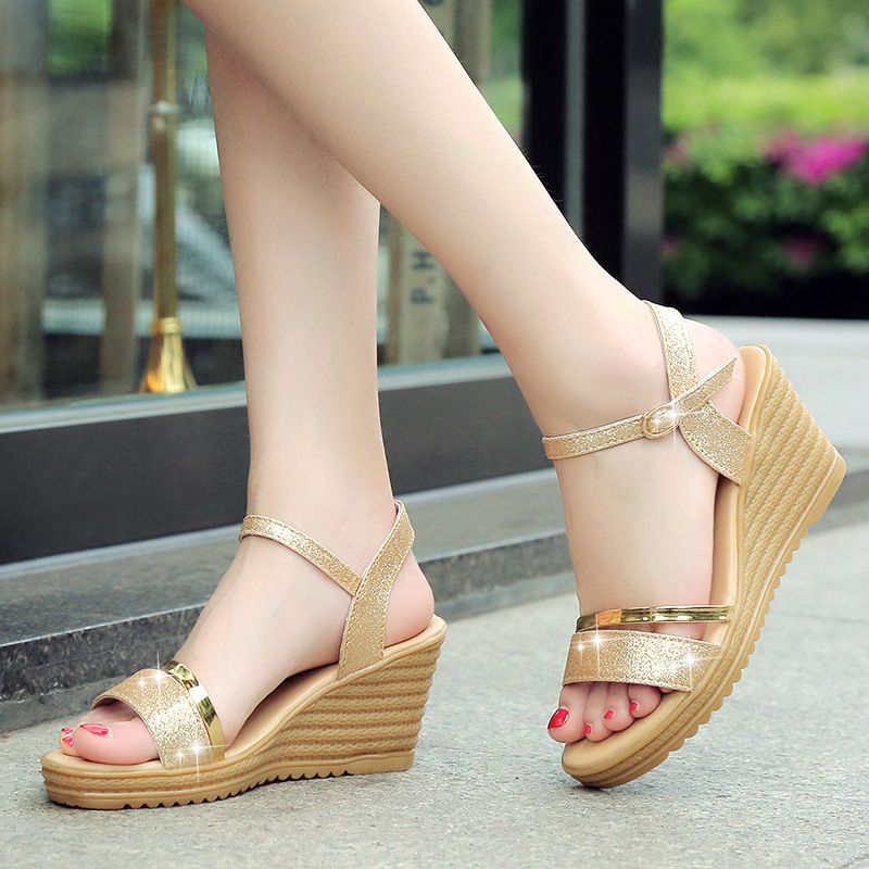 SXCHEN Women's Shoes Sandals Rhinestone Heels Sandals New Style Simple Daily Wedge Sandals One-Line Buckle Sandals Side Hollow Sandals Ladies Shoes Girls Shoe Thick Comfortable Fashion Beautiful