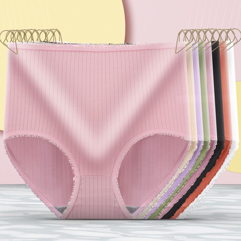 SXCHEN Women's Clothing Lingerie Panties【8-Pack】High Waist Belly Control Milk Silk Vertical Stripe Briefs Lace Large Size Breathable Underwear Panties