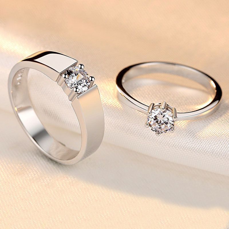 SXCHEN 2 Pcs Couple Ring Adjustable size Mosan Diamond Zircon Engagement Ring Men's and Women's Crown Classic Six-claw Couple Ring Couple Ring Eternal Ring Adjustable Open Ring Valentine's Day Gift