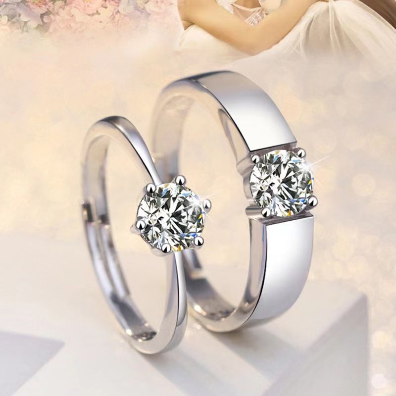 SXCHEN 2 Pcs Couple Ring Adjustable size Mosan Diamond Zircon Engagement Ring Men's and Women's Crown Classic Six-claw Couple Ring Couple Ring Eternal Ring Adjustable Open Ring Valentine's Day Gift