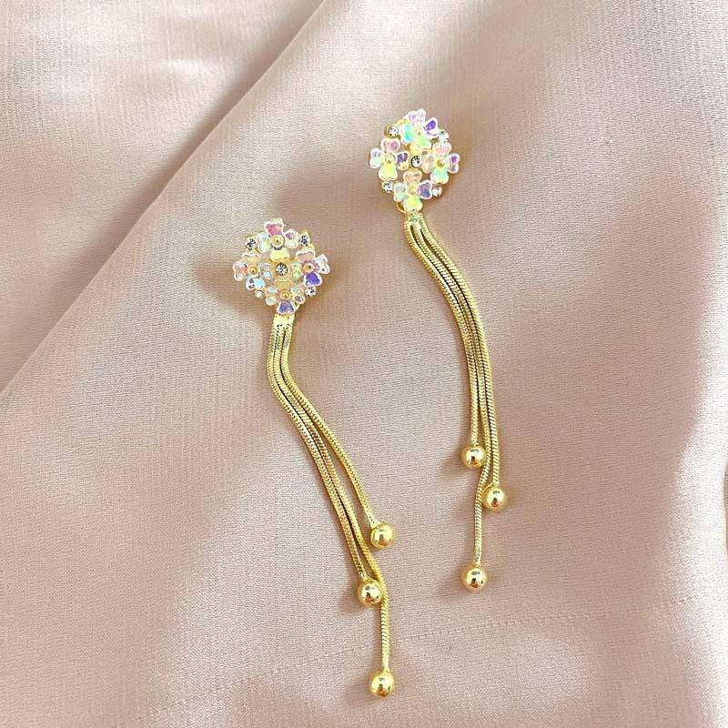SXCHEN Women Earrings Long Crystal Tassel Dangle Earrings Girl Jewelry Hypoallergenic Earrings Flower Temperament Wild Earrings Lady Earrings Women's Fashion Accessories Girlfriend Gift Mom Party