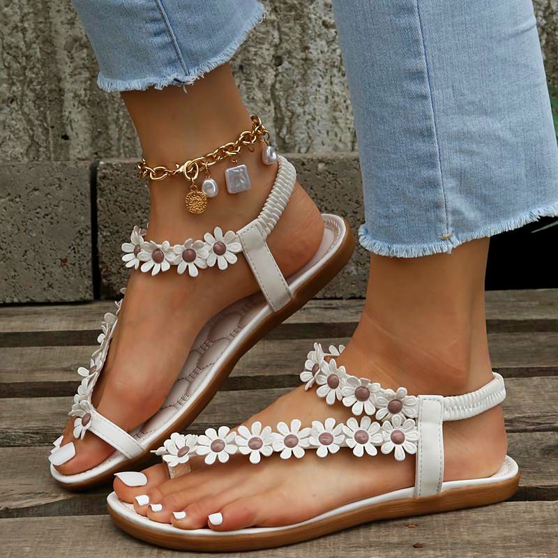 SXCHEN Ladies Shoes Women's Sandals Toe Flowers Casual Flat Shoes Women Flat Shoes Fashion Girls Open Toe Beach Sandalias Non-Slip Flat Heel Bohemian Sandals Casual Fashion Floral Flip Flops