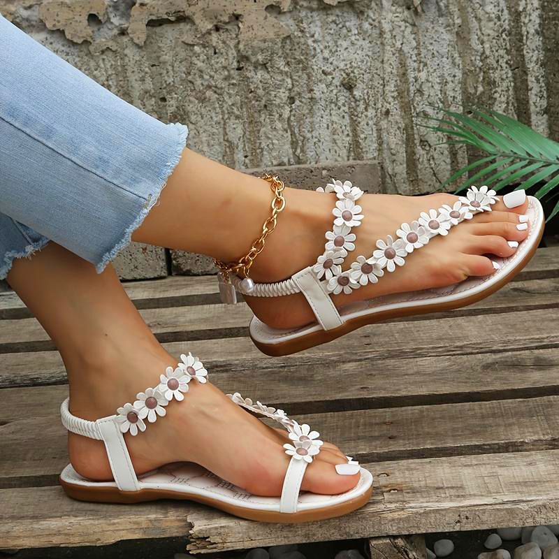 SXCHEN Ladies Shoes Women's Sandals Toe Flowers Casual Flat Shoes Women Flat Shoes Fashion Girls Open Toe Beach Sandalias Non-Slip Flat Heel Bohemian Sandals Casual Fashion Floral Flip Flops