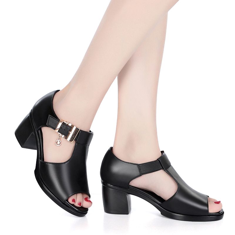 Ladies Shoes Fish Mouth Sandals Women's Style Roman Women Thick Heels Versatile Mid-heel Thick Comfortable Non-slip Deodorant Beach Fashion Beautiful Girls Shoe Heel Open Shoes Black Lady Official