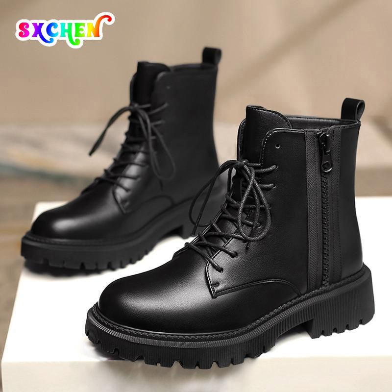 SXCHEN New Women's Shoes Real Soft Leather Martin Boots Female British Style All-match Thick-soled Ankle bo Fashion Ladies Casual Boots Elegant Square heel Vintage Boots Cool Shoes Girl Combat