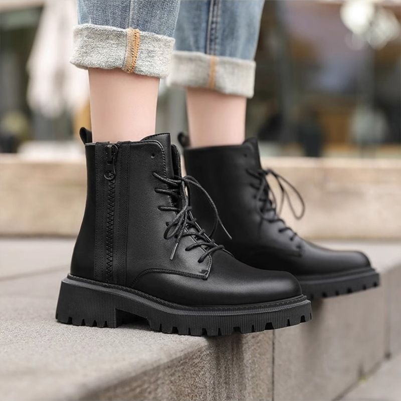 SXCHEN New Women's Shoes Real Soft Leather Martin Boots Female British Style All-match Thick-soled Ankle bo Fashion Ladies Casual Boots Elegant Square heel Vintage Boots Cool Shoes Girl Combat