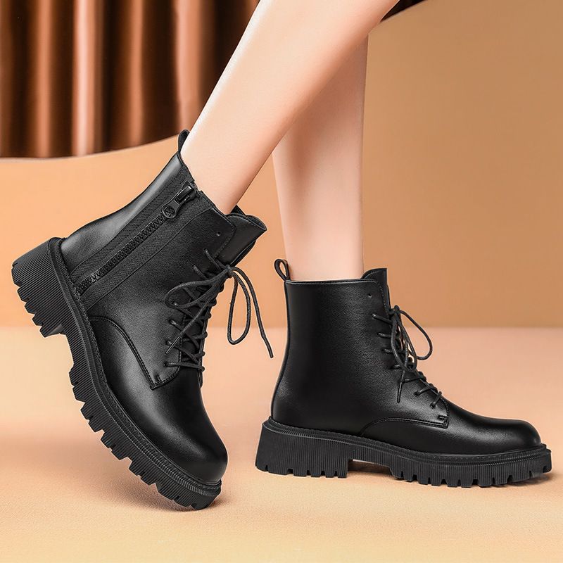 SXCHEN New Women's Shoes Real Soft Leather Martin Boots Female British Style All-match Thick-soled Ankle bo Fashion Ladies Casual Boots Elegant Square heel Vintage Boots Cool Shoes Girl Combat