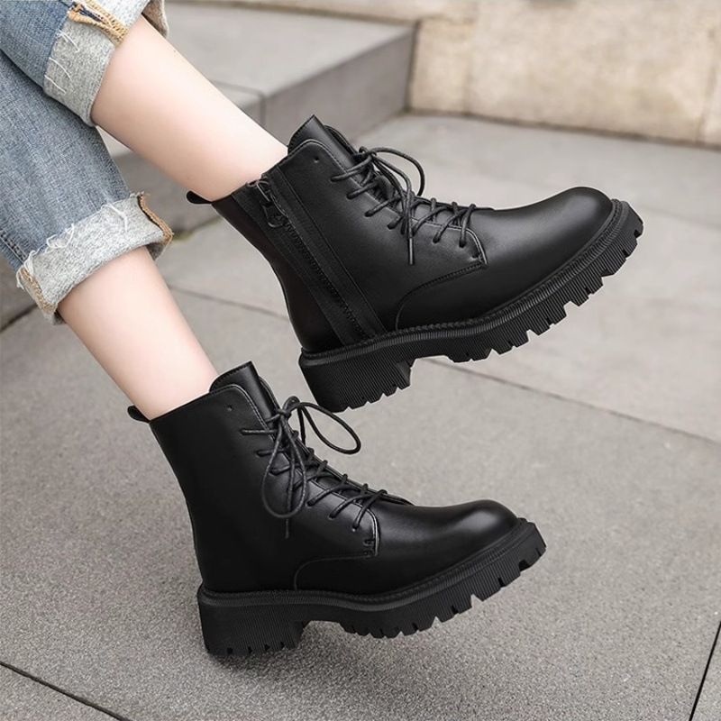 SXCHEN New Women's Shoes Real Soft Leather Martin Boots Female British Style All-match Thick-soled Ankle bo Fashion Ladies Casual Boots Elegant Square heel Vintage Boots Cool Shoes Girl Combat