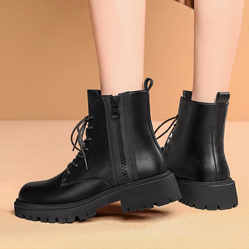 SXCHEN New Women's Shoes Real Soft Leather Martin Boots Female British Style All-match Thick-soled Ankle bo Fashion Ladies Casual Boots Elegant Square heel Vintage Boots Cool Shoes Girl Combat