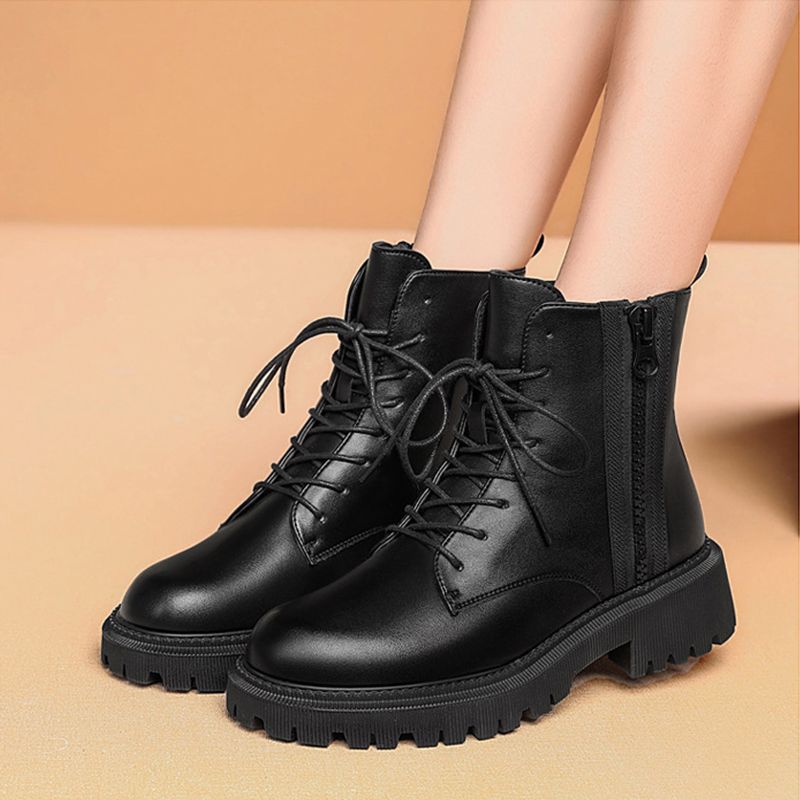 SXCHEN New Women's Shoes Real Soft Leather Martin Boots Female British Style All-match Thick-soled Ankle bo Fashion Ladies Casual Boots Elegant Square heel Vintage Boots Cool Shoes Girl Combat