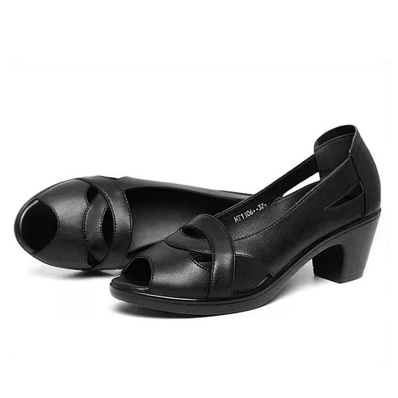 SXCHEN New Women's Shoes Sandals  Heels Sandals Medium Heel Thick Heel Fish Mouth Sandals Ladies Soft Leather Soft Sole Comfortable Hollow Fashion Mom Sandals High Heels Girl Office