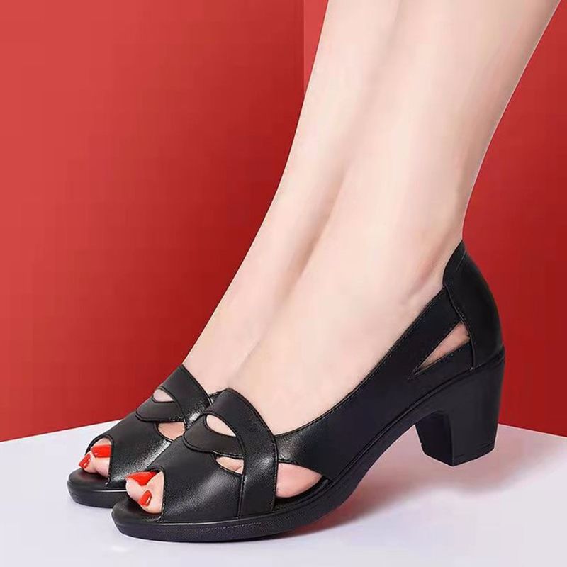 SXCHEN New Women's Shoes Sandals  Heels Sandals Medium Heel Thick Heel Fish Mouth Sandals Ladies Soft Leather Soft Sole Comfortable Hollow Fashion Mom Sandals High Heels Girl Office