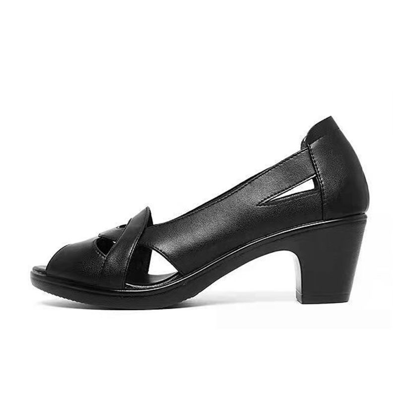 SXCHEN New Women's Shoes Sandals  Heels Sandals Medium Heel Thick Heel Fish Mouth Sandals Ladies Soft Leather Soft Sole Comfortable Hollow Fashion Mom Sandals High Heels Girl Office
