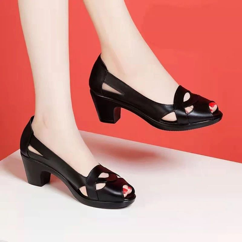 SXCHEN New Women's Shoes Sandals  Heels Sandals Medium Heel Thick Heel Fish Mouth Sandals Ladies Soft Leather Soft Sole Comfortable Hollow Fashion Mom Sandals High Heels Girl Office
