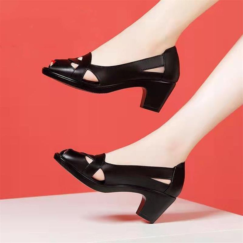 SXCHEN New Women's Shoes Sandals  Heels Sandals Medium Heel Thick Heel Fish Mouth Sandals Ladies Soft Leather Soft Sole Comfortable Hollow Fashion Mom Sandals High Heels Girl Office