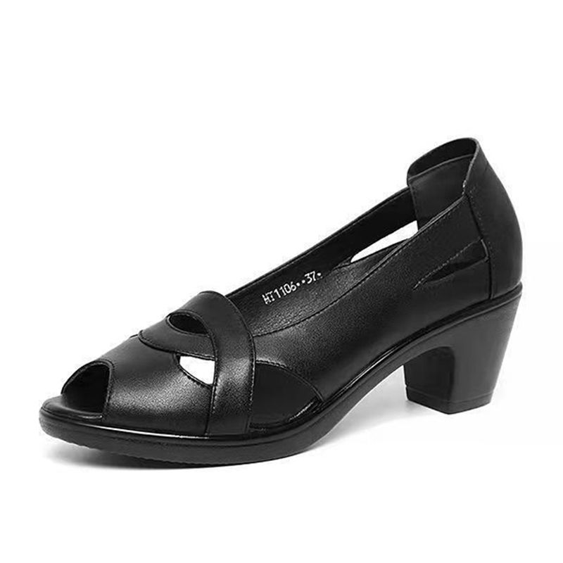 SXCHEN New Women's Shoes Sandals  Heels Sandals Medium Heel Thick Heel Fish Mouth Sandals Ladies Soft Leather Soft Sole Comfortable Hollow Fashion Mom Sandals High Heels Girl Office
