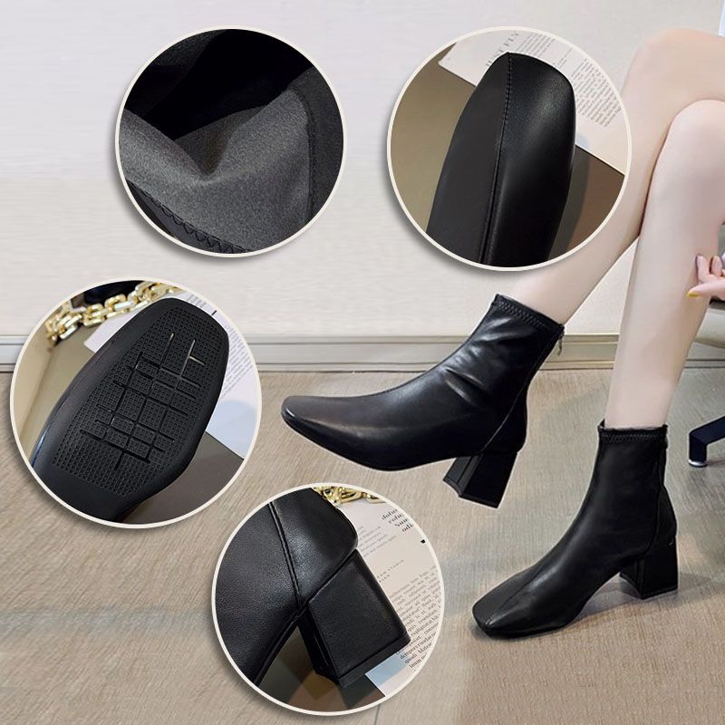SXCHEN Women's Shoes Boots High Quality Ankle Bootie Martin Boots Square Toe Zipper Short Boots Women'S Thick Heel Mid Heel Boots Non-slip Ladies Shoe Simple Girls Fashion Thick Soles Mom Shoes