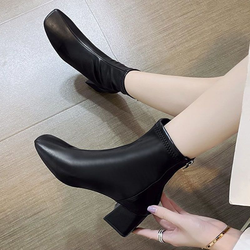 SXCHEN Women's Shoes Boots High Quality Ankle Bootie Martin Boots Square Toe Zipper Short Boots Women'S Thick Heel Mid Heel Boots Non-slip Ladies Shoe Simple Girls Fashion Thick Soles Mom Shoes