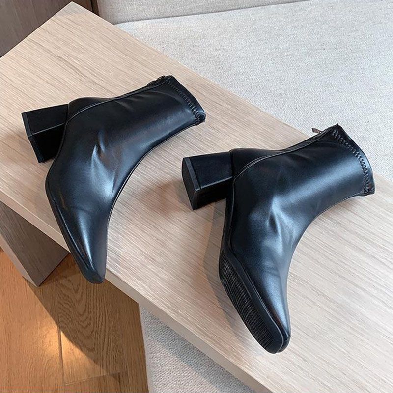 SXCHEN Women's Shoes Boots High Quality Ankle Bootie Martin Boots Square Toe Zipper Short Boots Women'S Thick Heel Mid Heel Boots Non-slip Ladies Shoe Simple Girls Fashion Thick Soles Mom Shoes