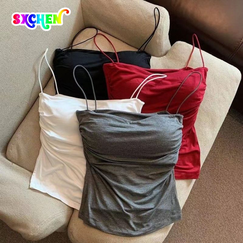 SXCHEN  Women's Tops Tanks Camis Tank Tops 【2-Pack】Hot Girl Pure Lust Pleated Camisole Spaghetti Straps Inside A Sleeveless Top And A Slim Vest Outside