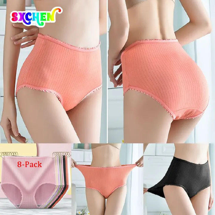 SXCHEN Women's Clothing Lingerie Panties【8-Pack】High Waist Belly Control Milk Silk Vertical Stripe Briefs Lace Large Size Breathable Underwear Panties