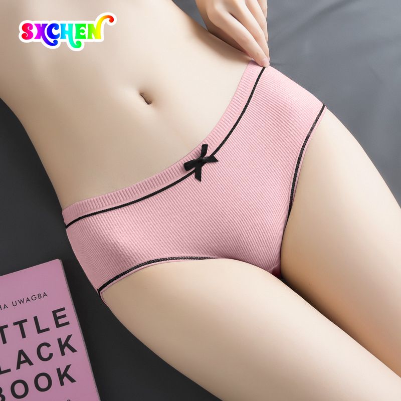 SXCHEN 【5-Pack】Women's Clothing Lingerie Panties Underwear For Female Students Korean Style Threaded Mid-Waist Girl's Cute Large Size Underwear Panties