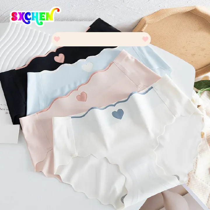 SXCHEN Women's Clothing Lingerie Panties【4-Pack】Love Heart Panties Seamless Antibacterial Pure Ice Silk Panties Thin Girls Sexy Mid-Waist Briefs Underwear