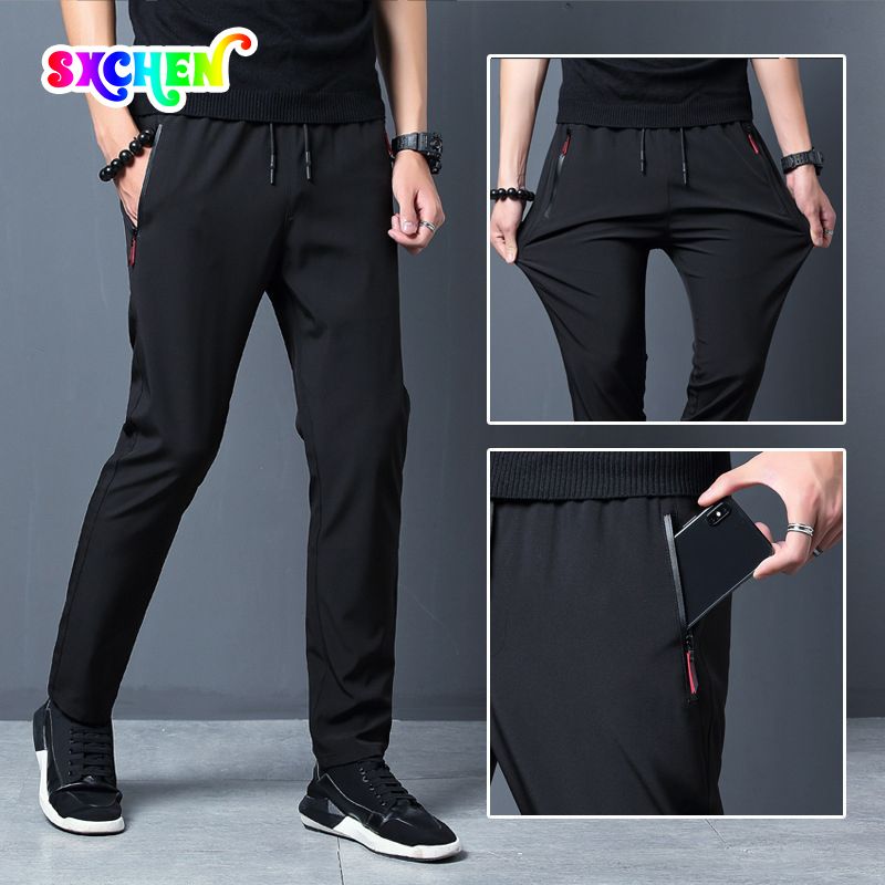 SXCHEN Men's Clothing Activewear Active Pants Ice Silk Thin Trousers Loose Zipper Straight Slim Casual Trousers Stretch Sports Trousers