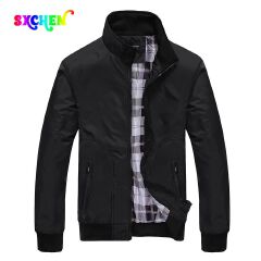 SXCHEN Men's Versatile Windbreaker Jacket – Black Lightweight Design With Stand Collar, Ribbed Trim, Plaid Lining, Suitable For Spring, Fall & Casual Outings