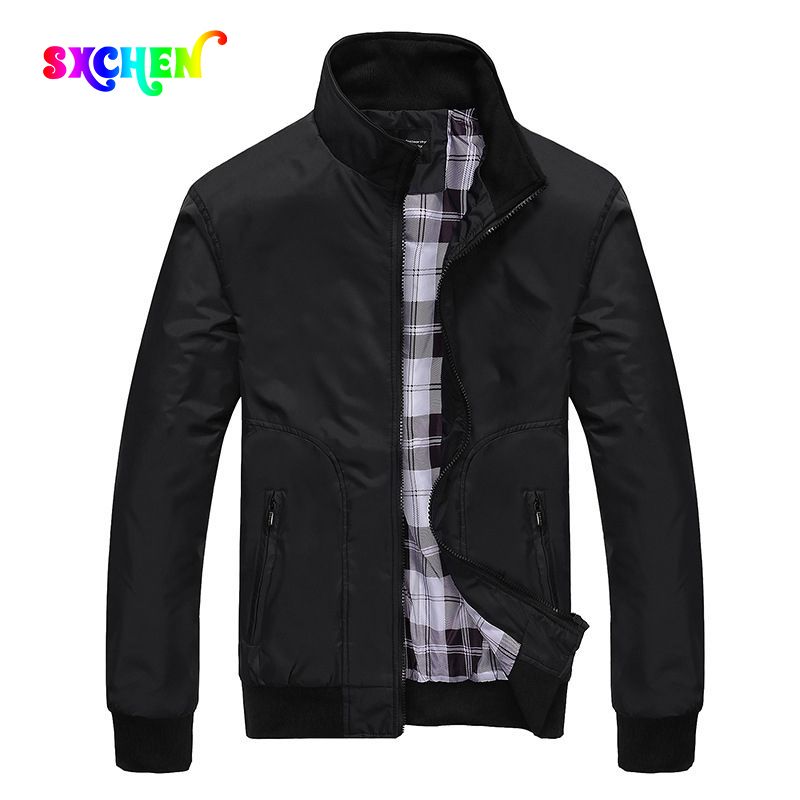 SXCHEN Men's Versatile Windbreaker Jacket – Black Lightweight Design With Stand Collar, Ribbed Trim, Plaid Lining, Suitable For Spring, Fall & Casual Outings