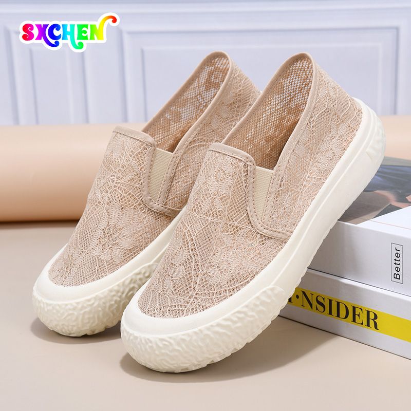 SXCHEN Women's Shoes Flats Loafers Versatile Mesh Slip-On Casual Breathable Soft-Soled Mother's Lazy Shoes Single Shoes Flat-Soled Loafers Ladies Shoes Girls School Fashion Comfort Mam Anti-slip Runni