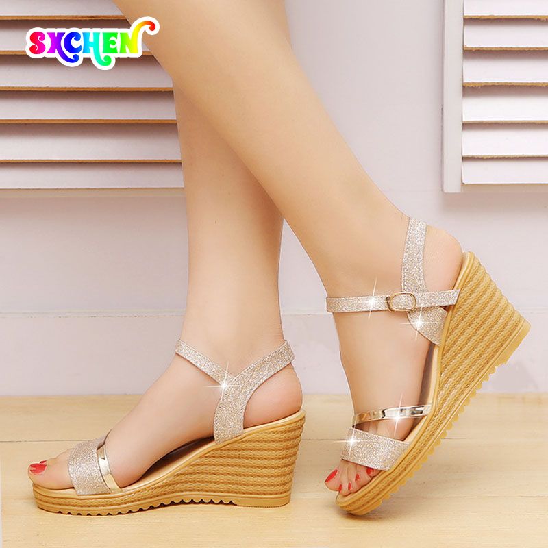 SXCHEN Women's Shoes Sandals Rhinestone Heels Sandals New Style Simple Daily Wedge Sandals One-Line Buckle Sandals Side Hollow Sandals Ladies Shoes Girls Shoe Thick Comfortable Fashion Beautiful