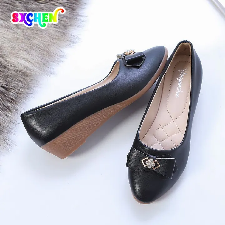 SXCHEN Women's Shoes Heels Fashionable Round Toe Wedge Fashion Casual Large Size Women Shallow Mouth Bow Single Shoes High Ladies Shoes Girls Black School Fashion Comfort Mam Anti-slip