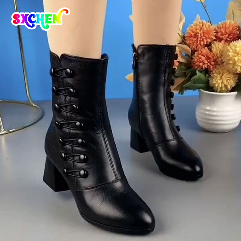 SXCHEN Women's Martin Boots Slip-Resistant Chunky Sole Classic Lace-Up Leather Ankle Boots for All-Season Wear Casual Fast Delivery Black