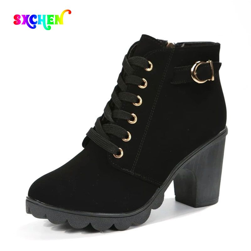 SXCHEN Women's Shoes Boots Ankle Bootie Large Size New British Style Thick Heel High Heel Martin Boots Women Strap Belt Buckle Ankle Boots Non-slip Ladies Shoe  Fashion Thick Soles Mom Shoes