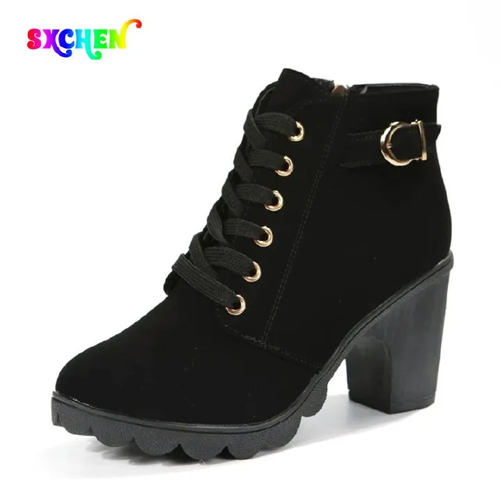 SXCHEN Women's Shoes Boots Ankle Bootie Large Size New British Style Thick Heel High Heel Martin Boots Women Strap Belt Buckle Ankle Boots Non-slip Ladies Shoe  Fashion Thick Soles Mom Shoes